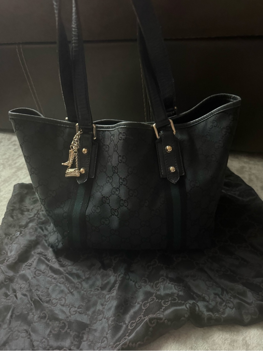 Gucci Black Monogram Tote Bag with Green Stripe